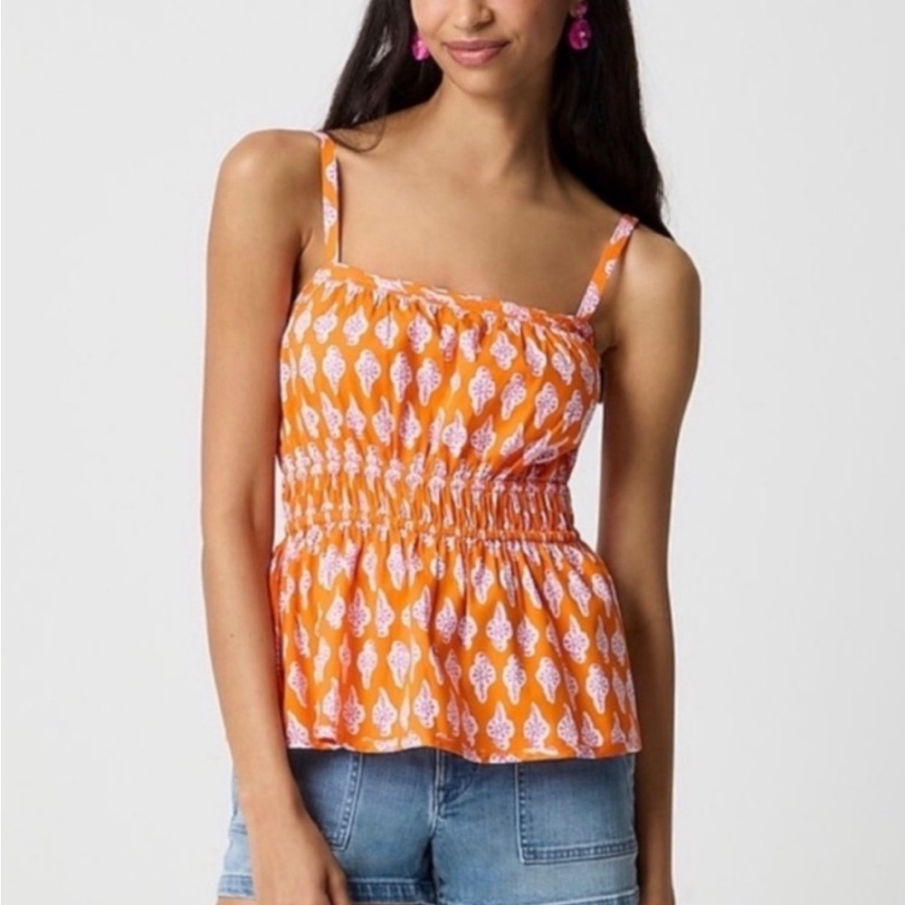 J. Crew Orange Smocked Peplum Camisole with White Print Women’s 0